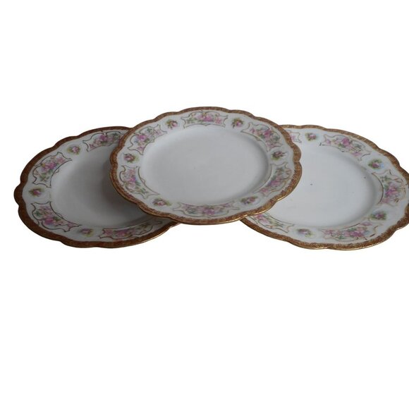 3 Moritz Zdekauer M Z Austria China Dessert Plates Gold Pink Roses 1884-1909 - Picture 1 of 4